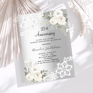 Invitation Fleurs blanches argentées 25e anniversaire mariage