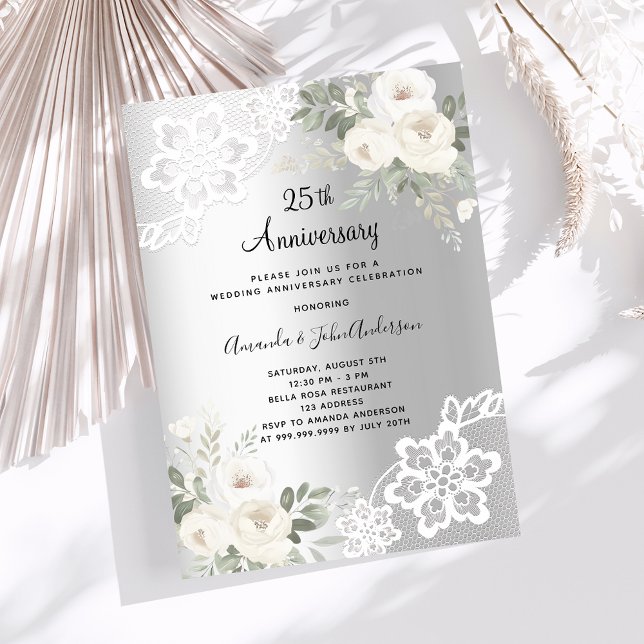 Invitation Fleurs blanches argentées 25e anniversaire mariage (Créateur téléchargé)