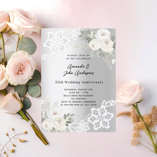 Invitation Fleurs blanches argentées 25e anniversaire mariage (Créateur téléchargé)