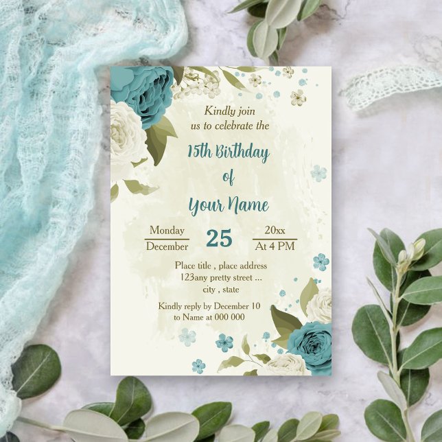 Invitation fleurs blanches bleues verdure anniversaire (Créateur téléchargé)