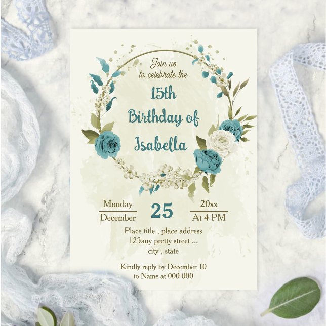 Invitation fleurs blanches bleues vert anniversaire (Créateur téléchargé)