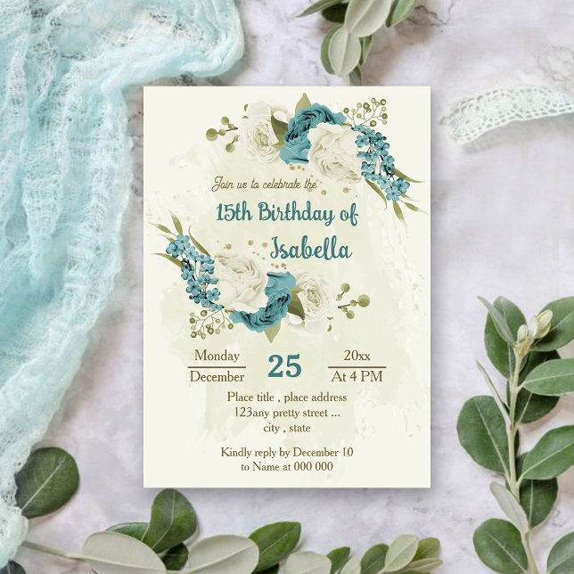 Invitation fleurs blanches bleues vert anniversaire (Créateur téléchargé)