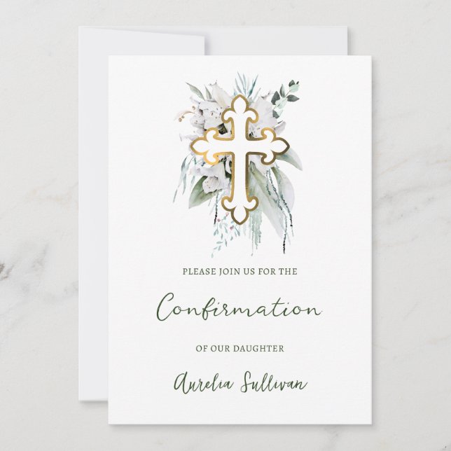Invitation Fleurs blanches Bouquet vert Confirmation (Devant)
