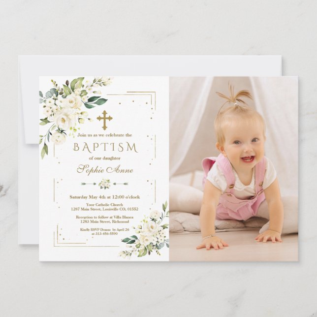 Invitation Fleurs blanches chic Gold Girl Photo Baptême (Devant)