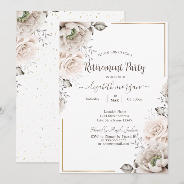 Invitation Fleurs blanches chic pour la retraite     (Devant / Derrière)