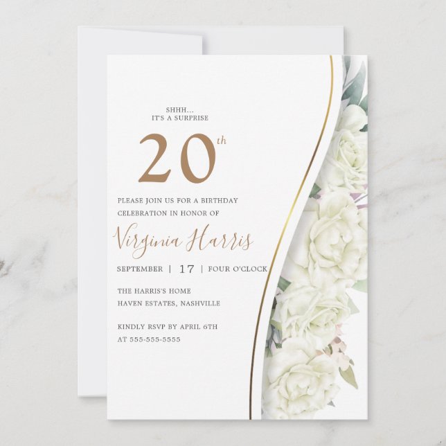 Invitation Fleurs blanches chic Vingt-20e anniversaire (Devant)