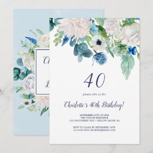 Invitation Fleurs blanches classiques 40e fête d'anniversaire