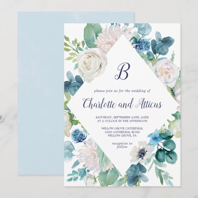 Invitation Fleurs blanches classiques Mariage diamant Monogra (Devant / Derrière)