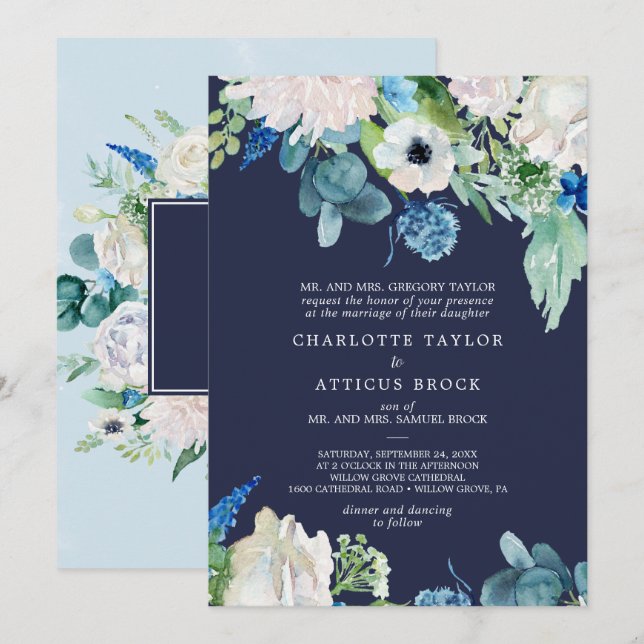 Invitation Fleurs blanches classiques | Mariage traditionnel  (Devant / Derrière)