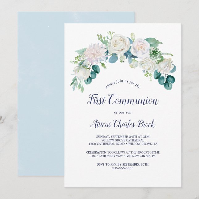 Invitation Fleurs blanches classiques Première communion (Devant / Derrière)