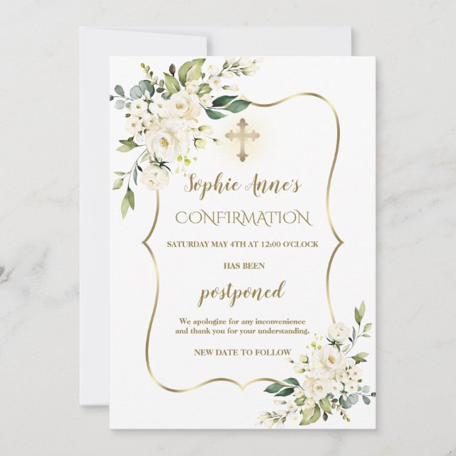 Invitation Fleurs blanches Confirmation Or Mise à jour report (Devant)