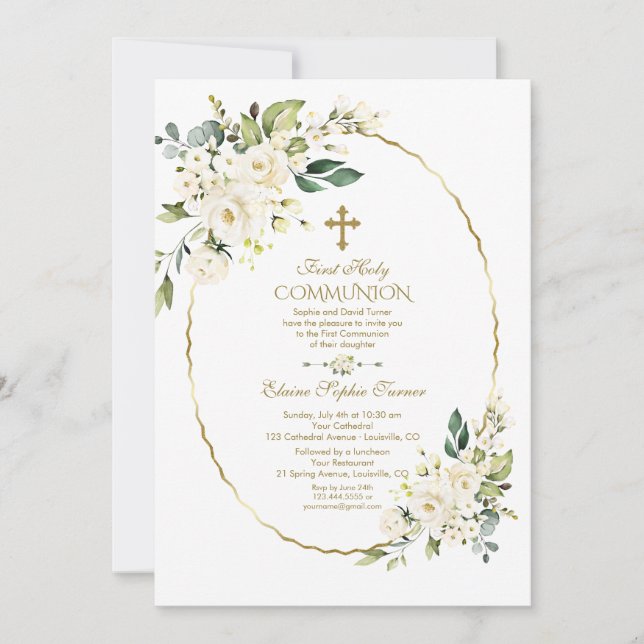 Invitation Fleurs blanches de luxe Gold Première Sainte Commu (Devant)