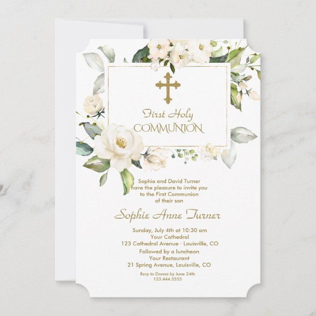 Invitation Fleurs blanches de luxe Gold Première Sainte Commu (Devant)