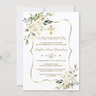 Invitation Fleurs blanches délicates Confirmation de la croix