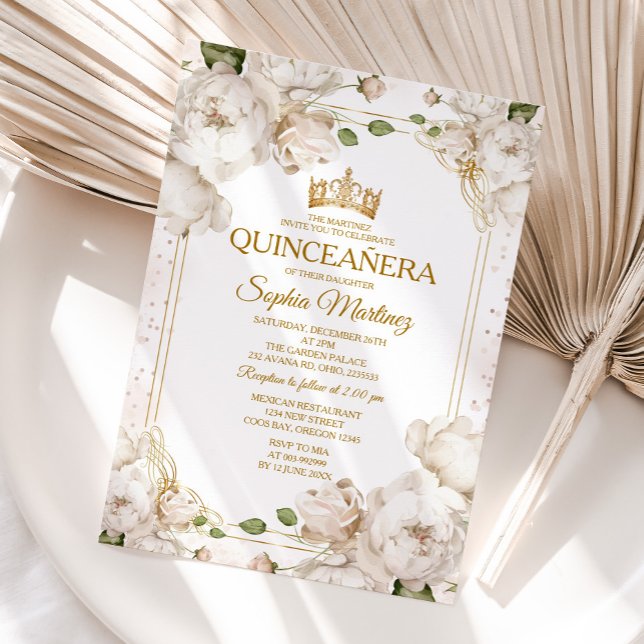 Invitation Fleurs blanches d'ivoire Charra Mis Quince d'or me (Créateur téléchargé)