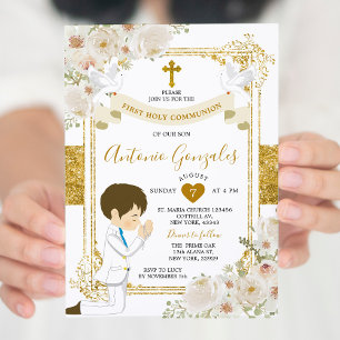 Invitation Fleurs blanches d'or Garçon première communion sai