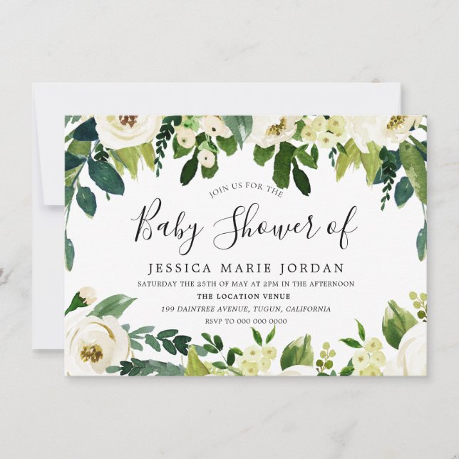 Invitation Fleurs blanches élégantes Beau Baby shower (Devant)