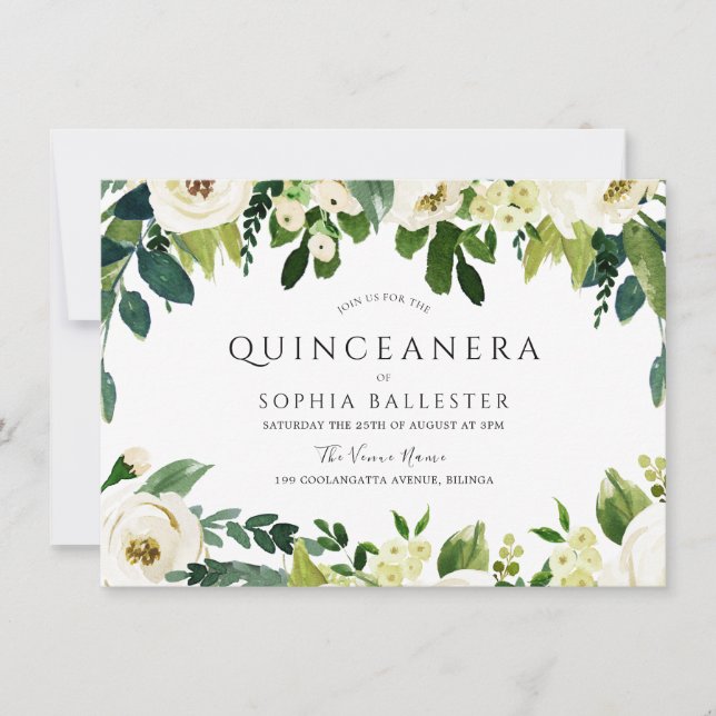 Invitation Fleurs blanches élégantes Belle Quinceanera Party (Devant)
