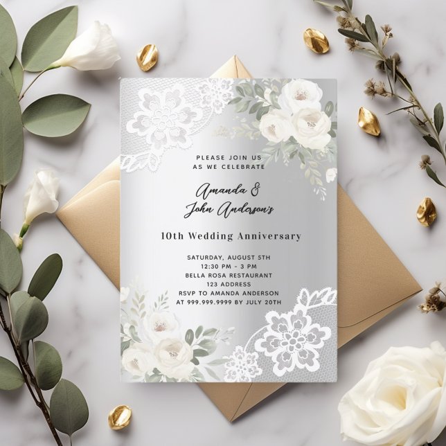 Invitation Fleurs blanches en argent 10e anniversaire mariage (Créateur téléchargé)