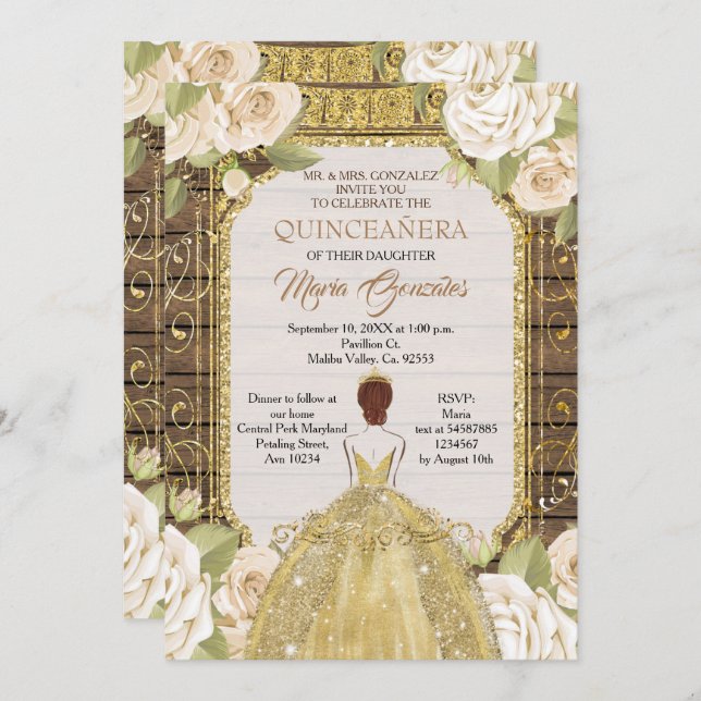 Invitation Fleurs blanches en bois rustique Quinceanera Anniv (Devant / Derrière)
