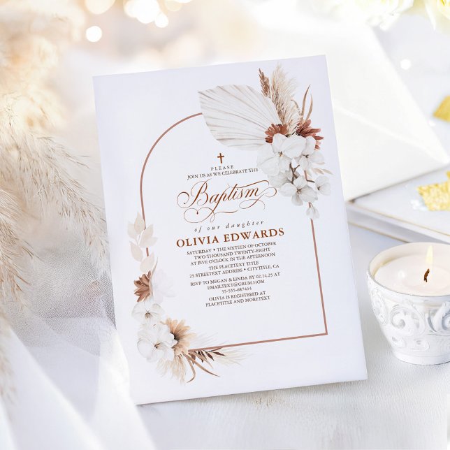 Invitation Fleurs blanches en terre cuite Boho Chic Baptême (Boho Terracotta Floral Arch Baptism Invitations)