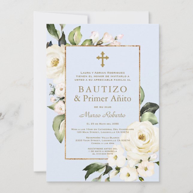 Invitation Fleurs blanches Espagnol Garçon 1er Anniversaire B (Devant)
