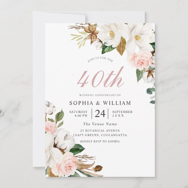 Invitation Fleurs blanches et blanches 40e anniversaire de Ma (Devant)