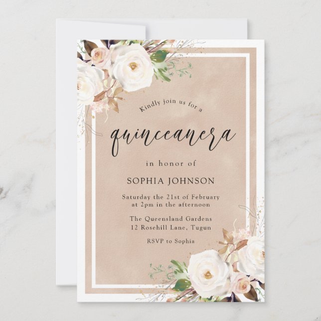 Invitation Fleurs blanches et bleues Aquarelle Quinceanera Pa (Devant)