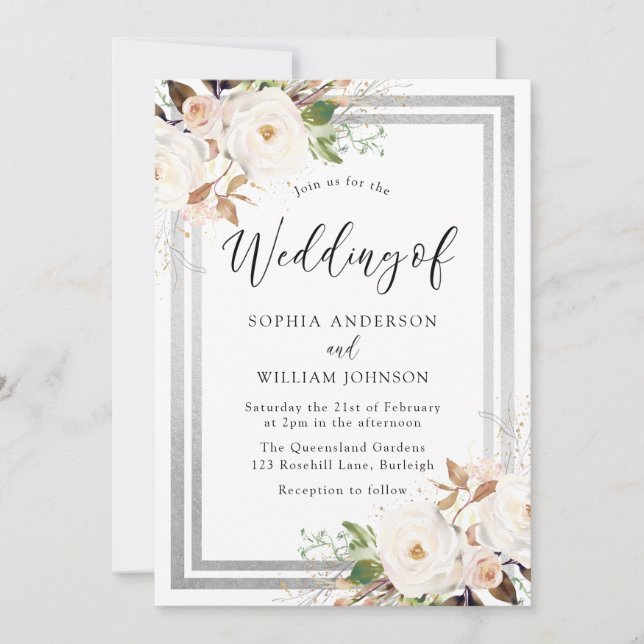 Invitation Fleurs blanches et bleues Bordure argentée Mariage (Devant)