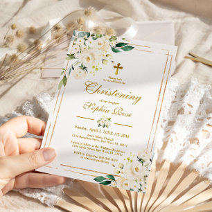 Invitation Fleurs blanches et cadre d'or Fille Christening
