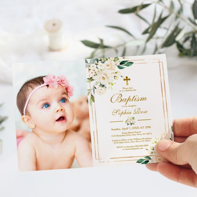 Invitation Fleurs blanches et cadre d'or Photo Girl Baptême (Créateur téléchargé)