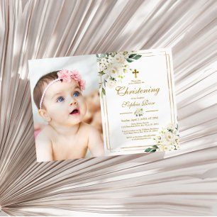 Invitation Fleurs blanches et cadre d'or Photo Girl Christeni