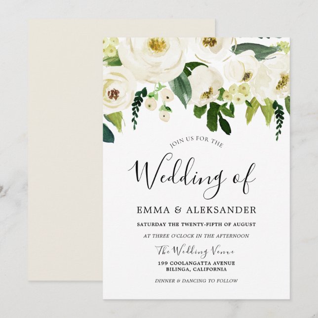 Invitation Fleurs blanches et crème Mariage élégant (Devant / Derrière)