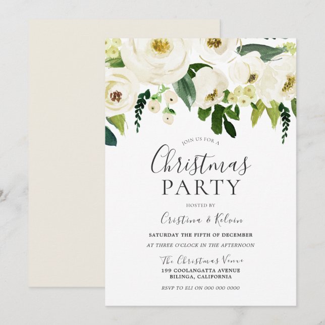 Invitation Fleurs blanches et crème Soirée de Noël élégante (Devant / Derrière)