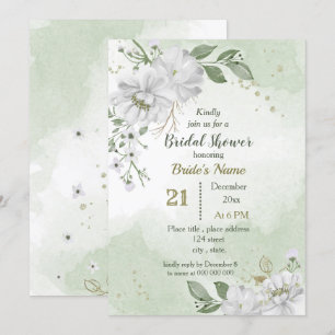 Invitation fleurs blanches et douche feuille verte