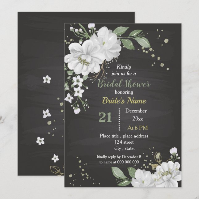 Invitation fleurs blanches et douche feuille verte (Devant / Derrière)