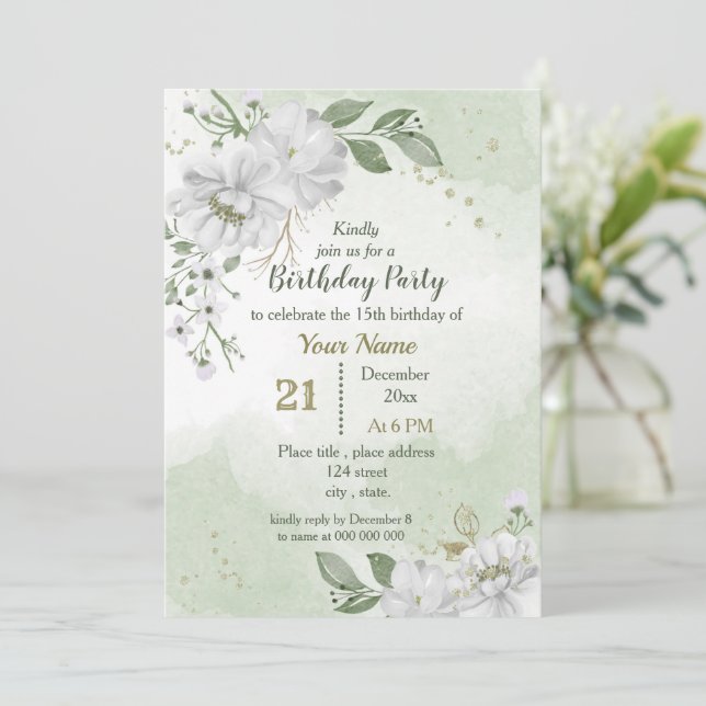 Invitation fleurs blanches et feuilles verts (Debout devant)