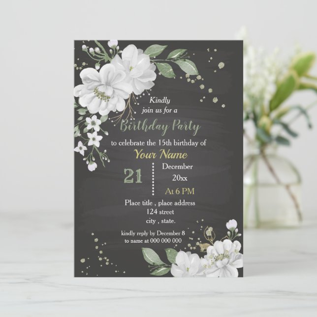 Invitation fleurs blanches et feuilles verts (Debout devant)