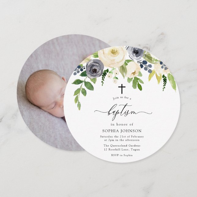 Invitation Fleurs blanches et marines Baptême photo bébé (Devant / Derrière)