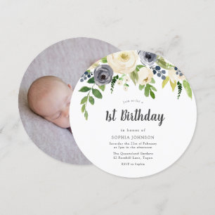 Invitation Fleurs blanches et marines Bébé Photo 1er Annivers