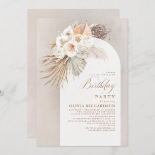 Invitation Fleurs blanches et Pampas Boho en herbe Anniversai