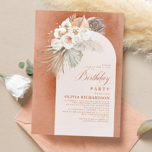 Invitation Fleurs blanches et Pampas Boho en herbe Anniversai