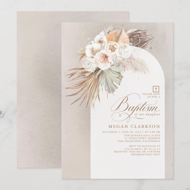 Invitation Fleurs blanches et Pampas Grass Boho Baptême (Devant / Derrière)