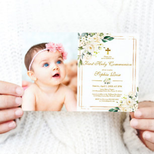 Invitation Fleurs blanches et photo d'or Première communion s