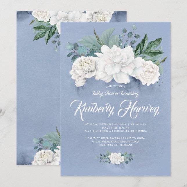 Invitation Fleurs blanches et verdure Baby shower bleu Dusty (Devant / Derrière)