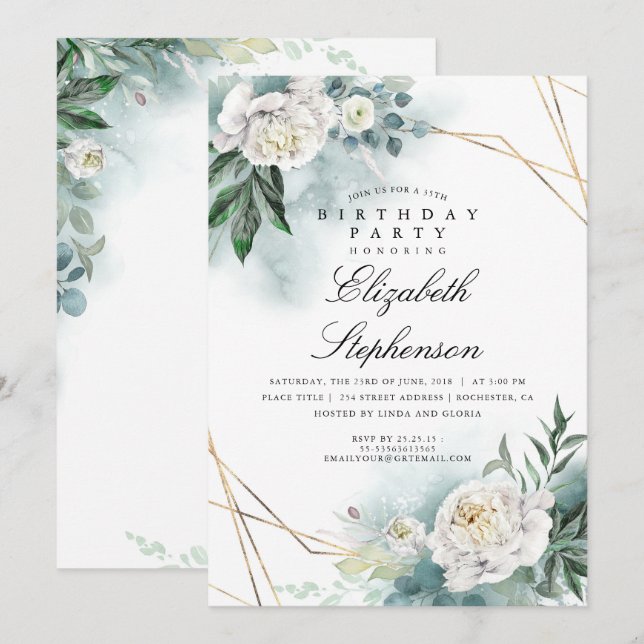 Invitation Fleurs blanches et verdure Élégante fête d'anniver (Devant / Derrière)
