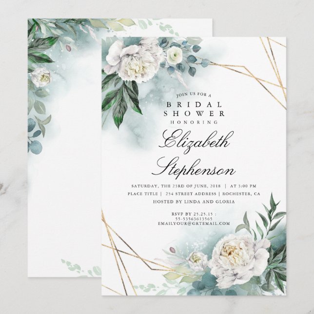 Invitation Fleurs blanches et verdure Fête des mariées élégan (Devant / Derrière)