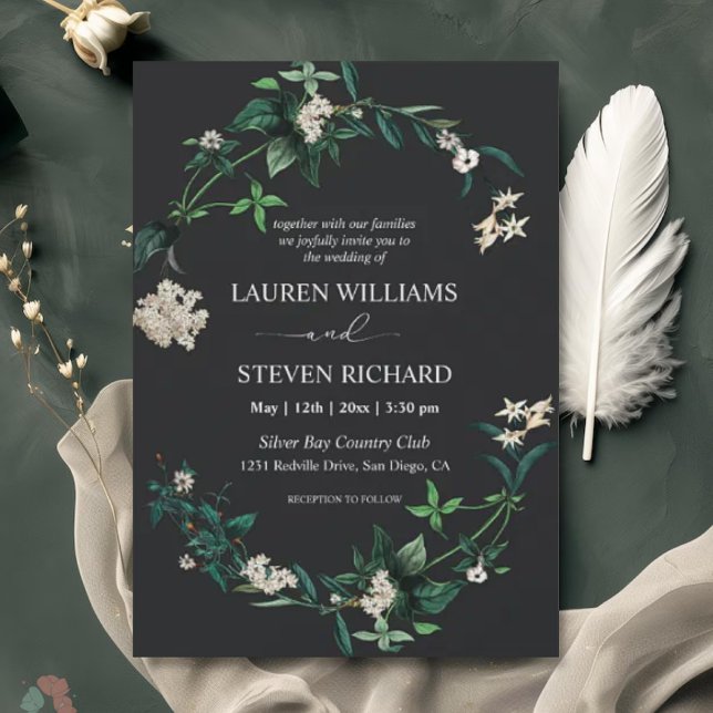 Invitation Fleurs blanches Feuilles en noir sur mesure Premiu (Make your wedding day unforgettable with our stunning collection of elegant and customizable wedding)