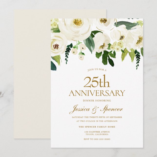 Invitation Fleurs Blanches Fleurissant 25e Anniversaire de Ma (Devant / Derrière)