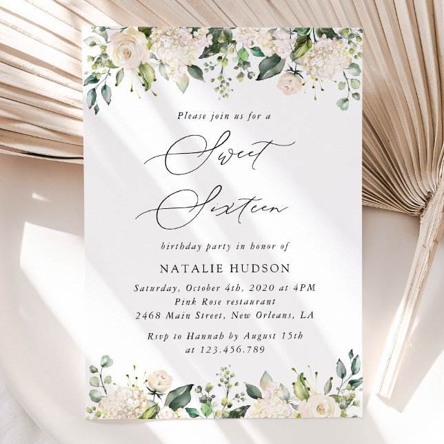 Invitation Fleurs blanches, Fleurs de crème, Boho, Sweet 16 (Créateur téléchargé)